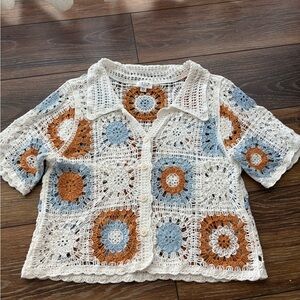 Le Lis Crochet Button-Up Womens Top Granny Squares Small